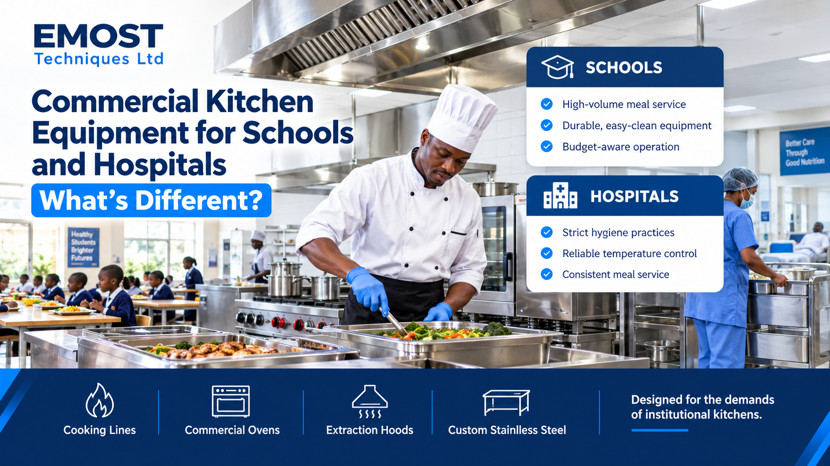 Institutional kitchen equipment in Kenya for schools and hospitals — a chef preparing bulk meals in a stainless steel commercial kitchen with cooking range, commercial oven, extraction hood and bain-marie, beside a school dining hall and hospital food service