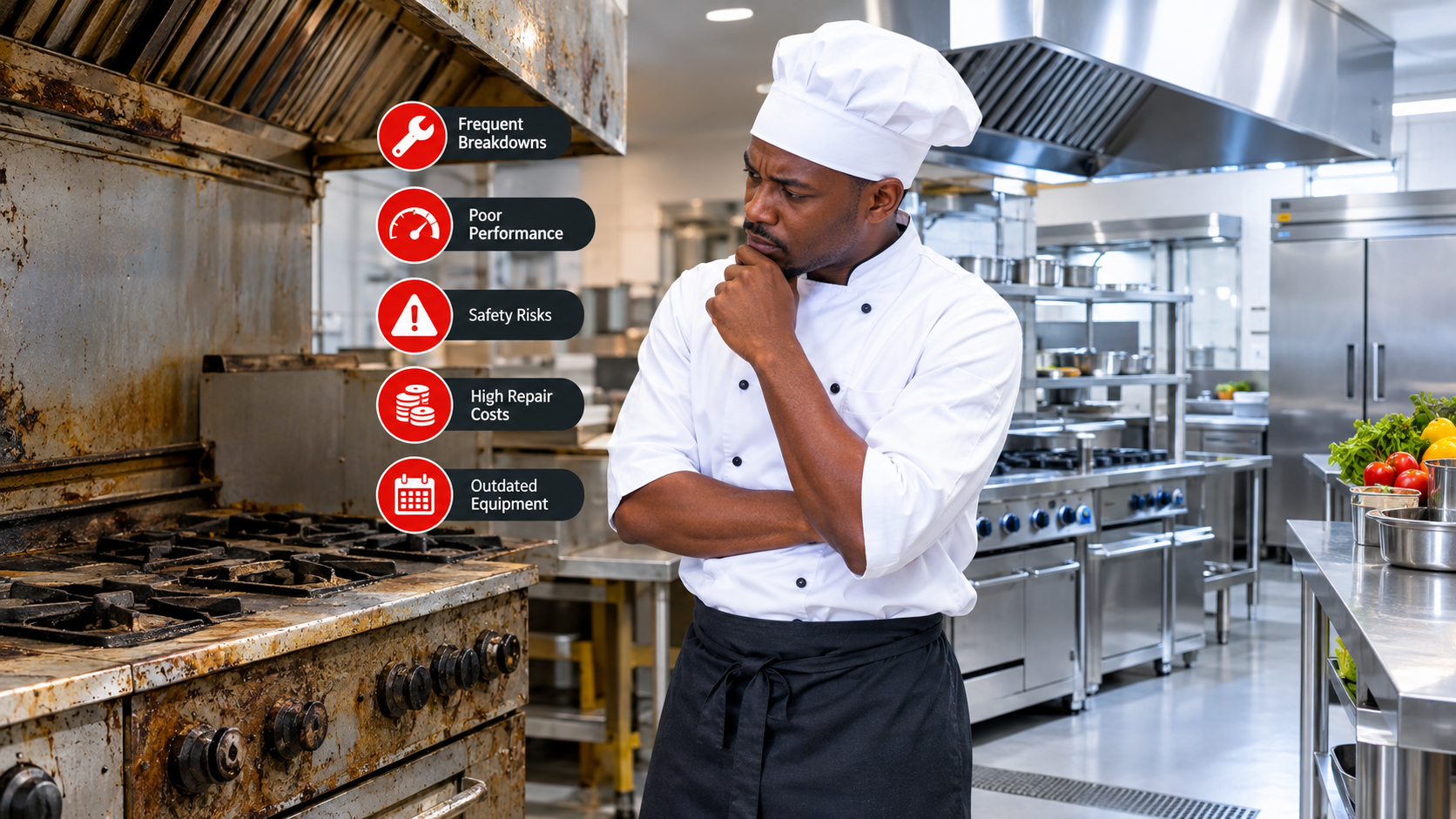 Signs your commercial kitchen equipment needs replacing not repairing — a chef inspecting a worn, grease-stained commercial gas range beside frequent breakdowns, poor performance, safety risks, high repair costs and outdated equipment warning icons
